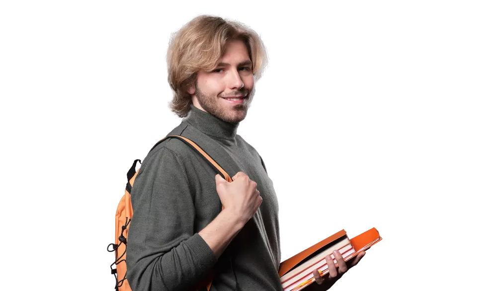 Student z plecakiem i trzymający książki.